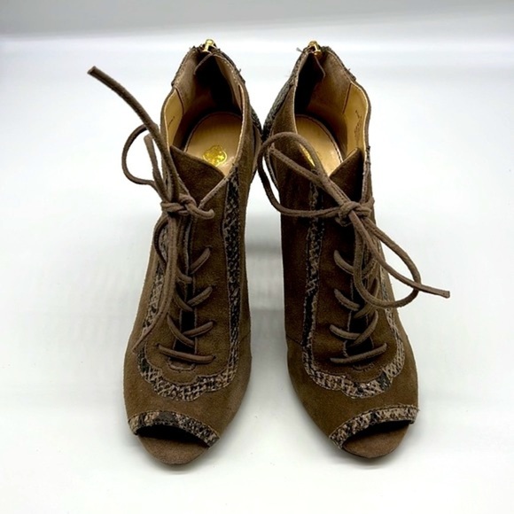 Isola - Gray Suede With Snakeskin Leather Open Toe Lace Up Heels Size 6.5 - Picture 3 of 14